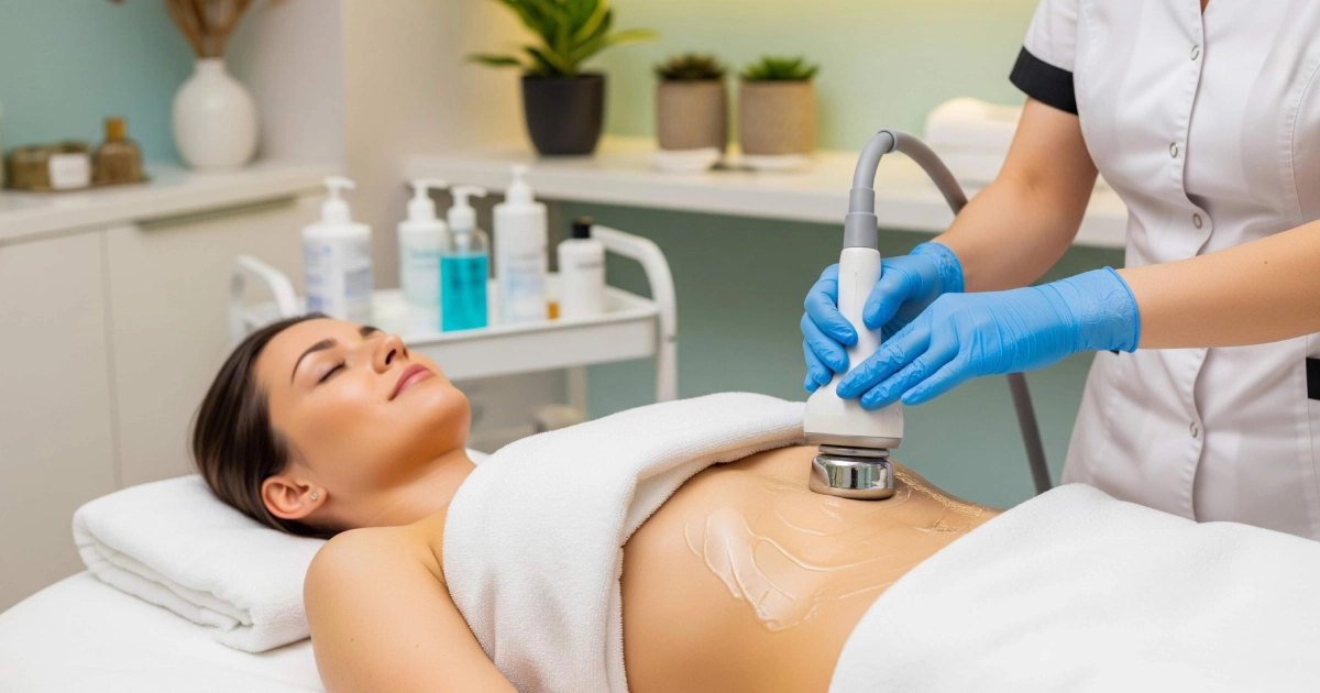 Woman receiving Emtone treatment in Tulsa, OK on abdomen to reduce cellulite and tighten skin.