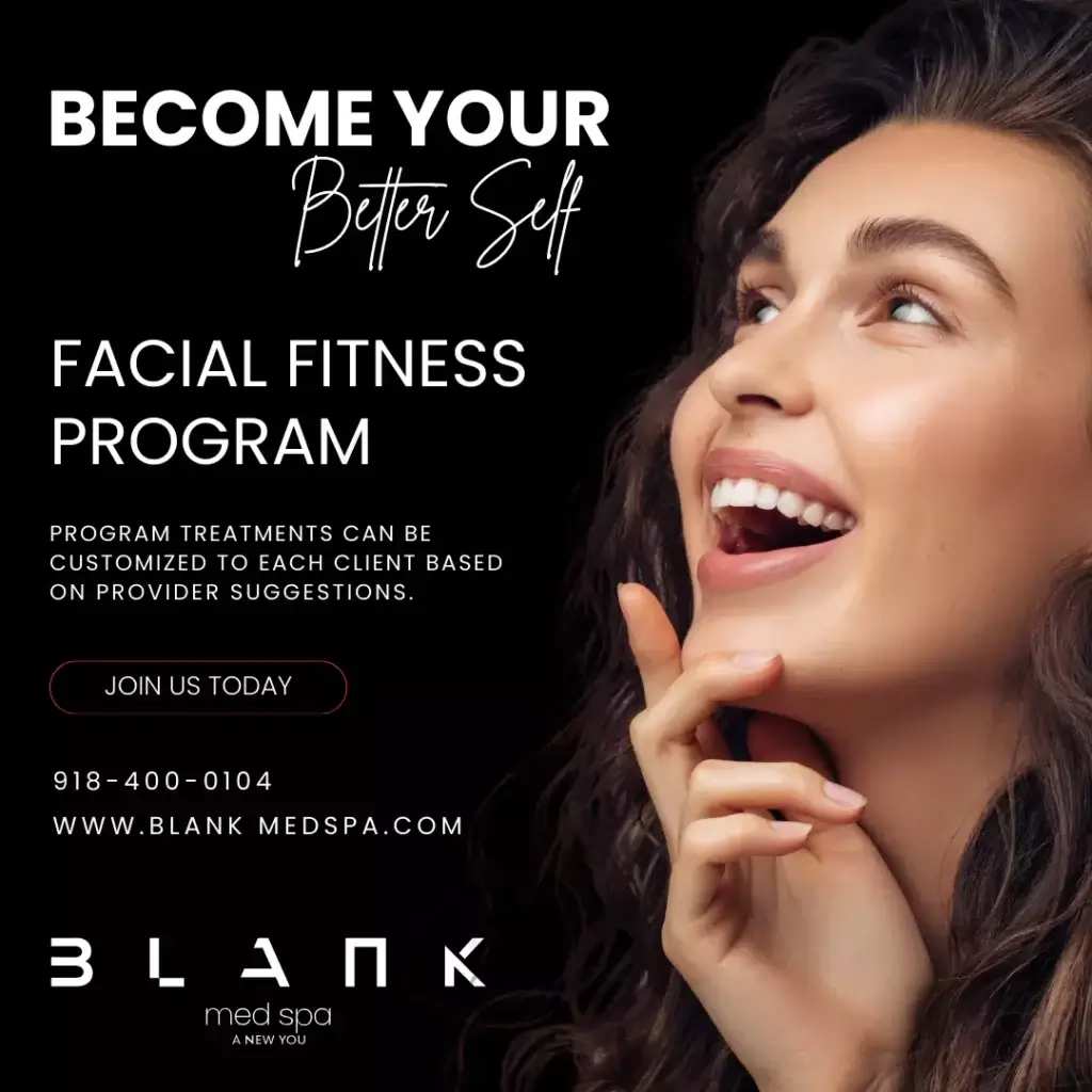Girl smiling for Blank Med Spa's Facial Fitness Program, offering customized treatments. Contact information included.