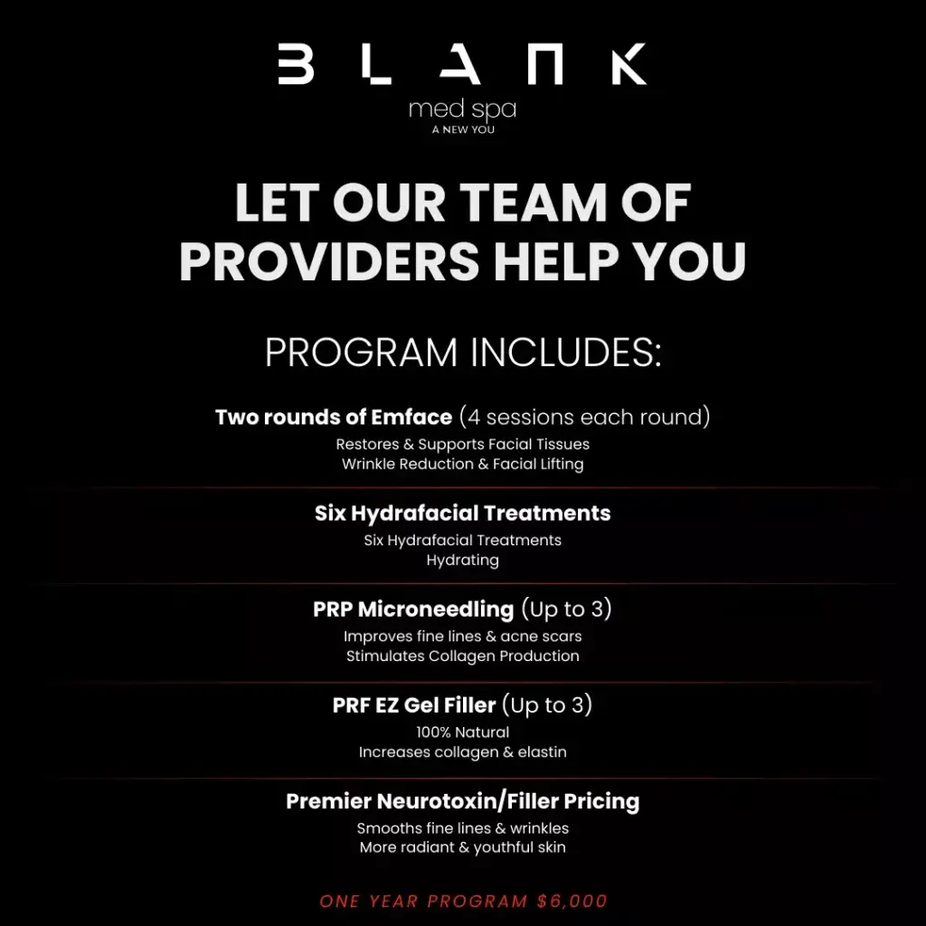 Facial fitness program at Blank Med Spa includes Emface, Hydrafacials, PRP Microneedling, PRF Gel Filler, and Neurotoxin pricing.