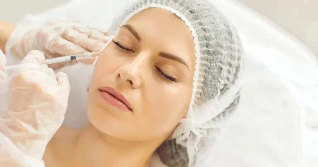 Woman receiving PRF injection near eye at a clinic in Tulsa, OK, for skin rejuvenation